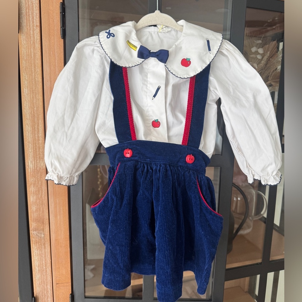 Vintage 1994 apples overalls dress set long sleeve top bow school collar toddler